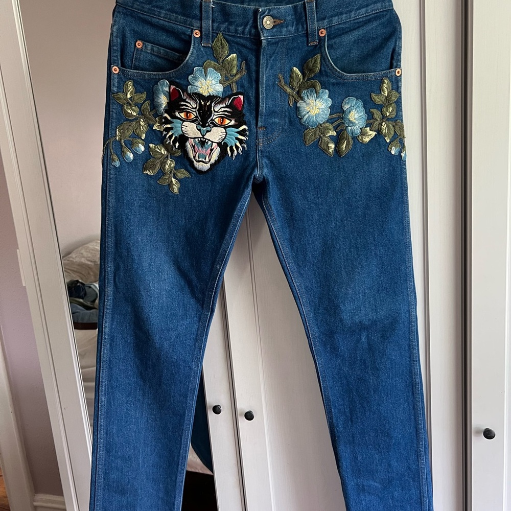 Gucci Blue Jeans with Floral and Animal Embroidery